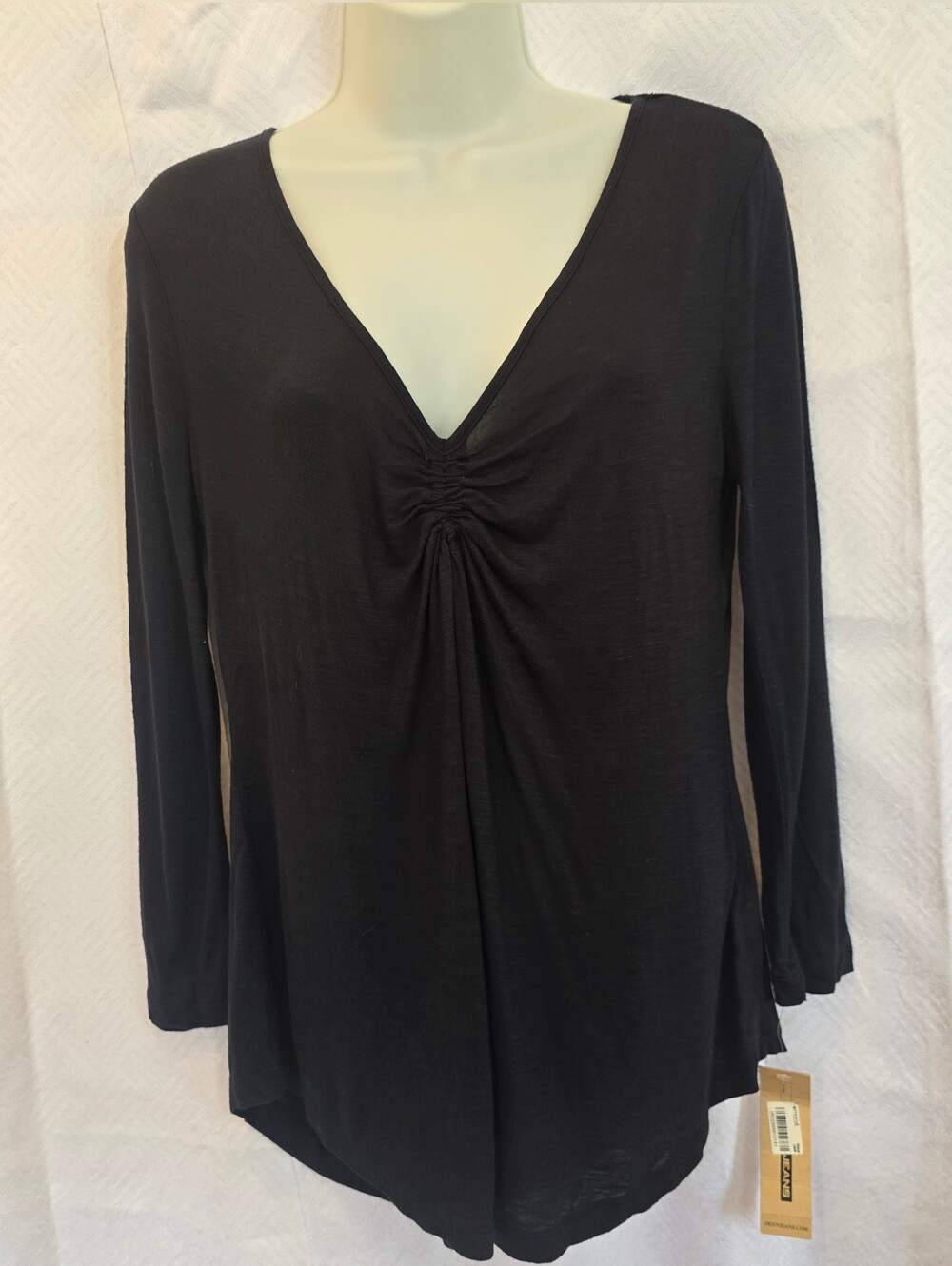 DKNY Black V-Neck Ruched Long Sleeve Top